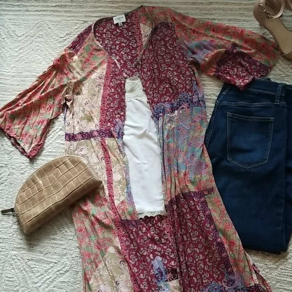 MAYDEN Los Angeles Boho Floral Patchwork Long Duster Kimono Vest Size Small - Picture 8 of 12